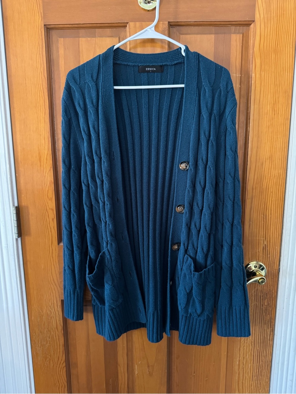Zerica Women's Teal Cable Knit Cardigan with Pockets